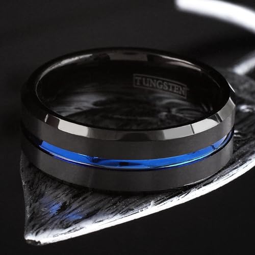 Elegant 6mm/8mm Brushed Satin Finish Black Tungsten Carbide Band Ring w/Cool Thin Blue Line Stripe & Polished Beveled Edges feat. Comfort Fit Inner Band.