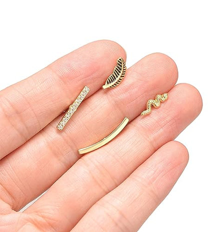 Tornito 9-30Pcs Cartilage CZ Stud Earrings Conch Forward Helix Tragus Daith Piercing Lip Rings Snake Heart Butterfly Jewelry for Women Men 16G Silver Gold Tone - color: A2: 9pcs, Gold Tone