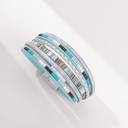Boho Layered Leather Wrap Bracelets Chunky Western Country Hippie Jewelry | Stackable Bohemian Cowgirl Magnetic Clasp Cuff Bangle Set Fashion Stack Statement Festival Trendy Jewelry Gifts for Women - color: Teal