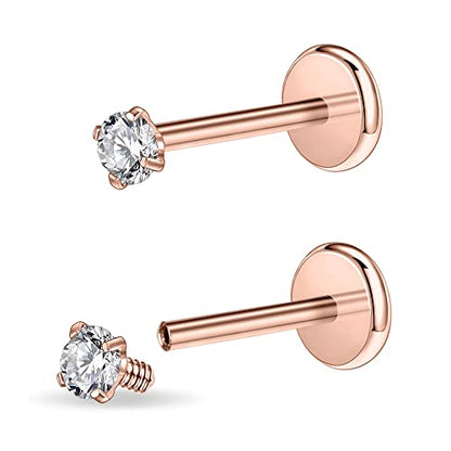 PunkTracker 16g/18g Surgical Steel Internal Thread CZ Stud Piercing Jewelry | for Tragus/Nose/Helix/Conch/Medusa/Lip/Labret - Helix Tragus Cartilage Earring for Women Men 2PCS - style: rose gold, 16g, 6mm bar, 2mm gem