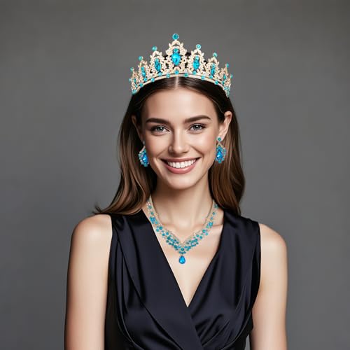 Crowns and Tiaras jewelry sets for Wedding princess birthday party Halloween Prom Pageant Jewelry for Women Crystal Bridal Jewelry Set for women - color: Golden lake blue