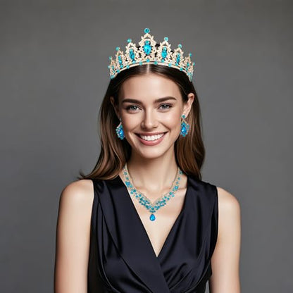 Crowns and Tiaras jewelry sets for Wedding princess birthday party Halloween Prom Pageant Jewelry for Women Crystal Bridal Jewelry Set for women - color: Golden lake blue