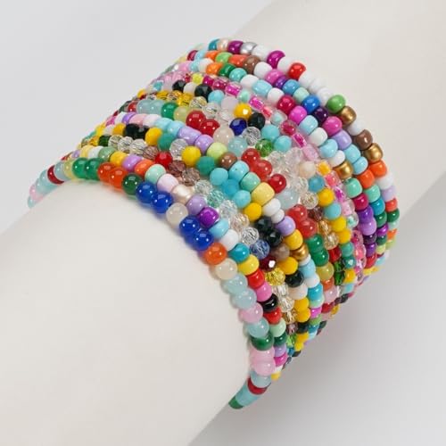 12Pcs Bohemia Multilayer Resin Seed Beaded Stackable Bracelets Colorful Crystal Glass Beads Stretch Bracelet BFF Friendship Elastic Wristbands for Women Men Summer Beach Boho Vacation Jewelry - color: Colorful