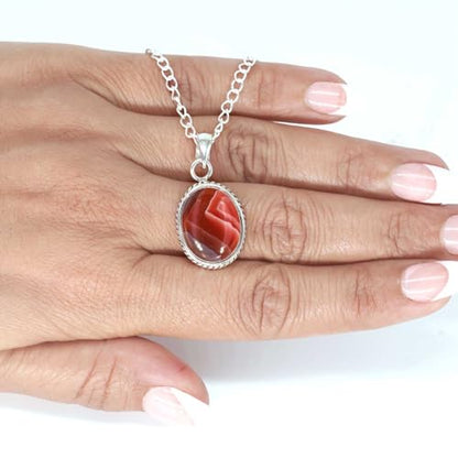 Chunky Natural Gemstone Pendant Necklace For Women Onyx, Turquoise, Amber, Garnet Oval Boho Genuine 925 Sterling Silver Handmade Jewelry - color: Botswana Agate