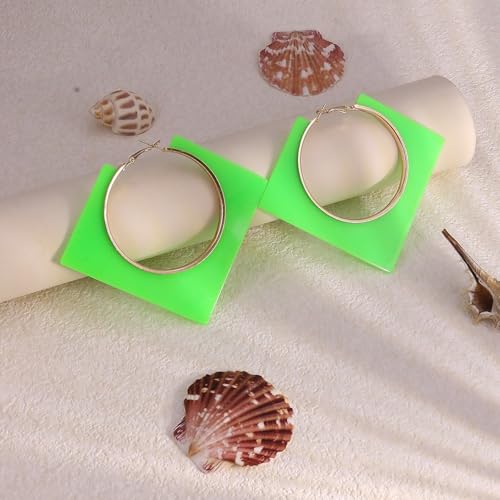 Colorful Large Hoop Earrings for Women Big Square Hollow Hoops Dangle Earrings Trendy Chunky Geometric Square Earring 80s 90s Neon Hoop Dangle Earrings - color: green