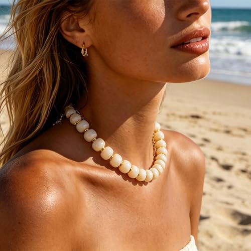 Boho Colorful Chunky Beaded Necklace for Women Trendy Resin Statement Choker Necklaces Summer Beach Style Womens Vacation Fashion Jewelry Gifts Accessories - color: White