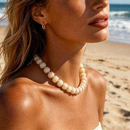 Boho Colorful Chunky Beaded Necklace for Women Trendy Resin Statement Choker Necklaces Summer Beach Style Womens Vacation Fashion Jewelry Gifts Accessories - color: White