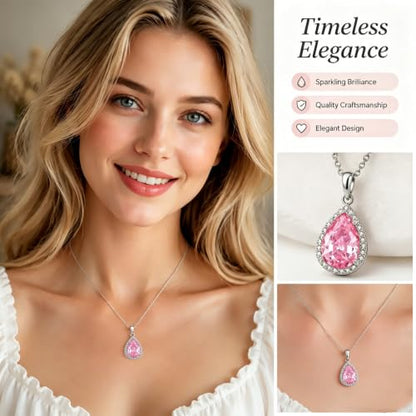 VONSSY Classic Oval Pendant Gemstone Necklace | Crystal Ruby Sapphire Waterdrop Birthstone Teardrop Emerald Necklace | 18K Platinum Gold Plated Chain | Jewelry Gift for Mother Wife Girlfriend - color: NL-Pink-Platinunm
