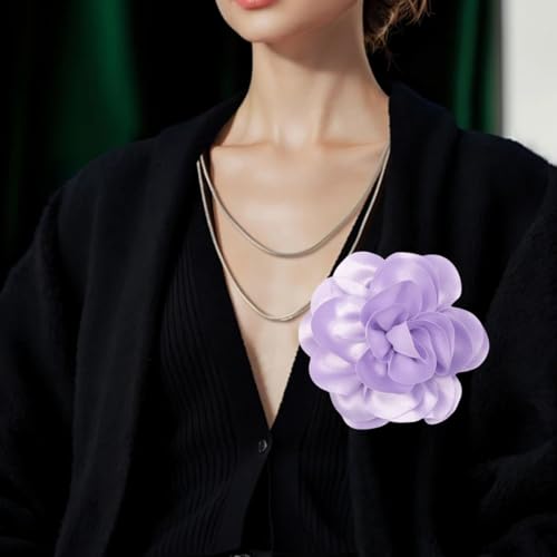 Large Rose Flower Brooches Chiffon Camellia Brooch Lapel Pins Hair Clips Hat Pins for Women Wedding Banquet Accessories Large Satin Flowers 5.5in - color: Purple
