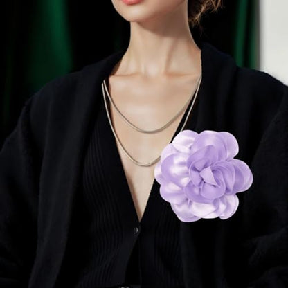 Large Rose Flower Brooches Chiffon Camellia Brooch Lapel Pins Hair Clips Hat Pins for Women Wedding Banquet Accessories Large Satin Flowers 5.5in - color: Purple