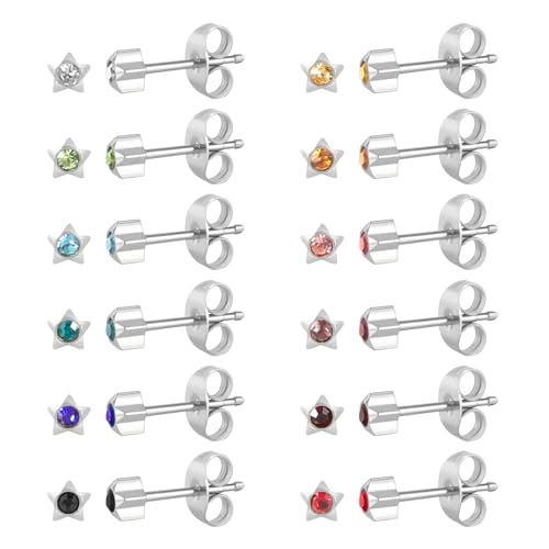 12 Pairs Surgical Stainless Steel Cubic Zirconia Birthstone Stud Earrings Heart Star Round Multicolors Stud Earrings Set for Women - style: Silver star 4mm