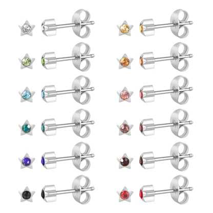12 Pairs Surgical Stainless Steel Cubic Zirconia Birthstone Stud Earrings Heart Star Round Multicolors Stud Earrings Set for Women - style: Silver star 4mm