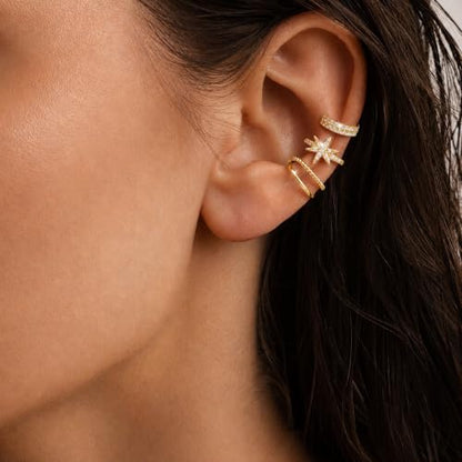 14K Gold Plated Layered Chunky Ear Cuff for Women Thick Ear Clips | Ear Cuff Earrings for Women,Hammered Texture design，Lightweight Hypoallergenic Ear Clips，trendy Jewelry for Daily Party Prom - color: gold 2