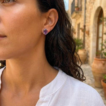 Amethyst Earrings, Natural Gemstone Oval Faceted Purple Stud Earrings, Gold Plated Birthstone Crystal Earrings for Women