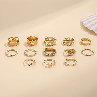 Todenb Gold Knuckle Rings Set for Women,Vintage Stackable Dainty Joint Finger Gold Jewelry Set,Butterfly pearl coin wave moon Stacking Rings Set Dainty Joint Finger Rings Midi Pinky Rings Pack