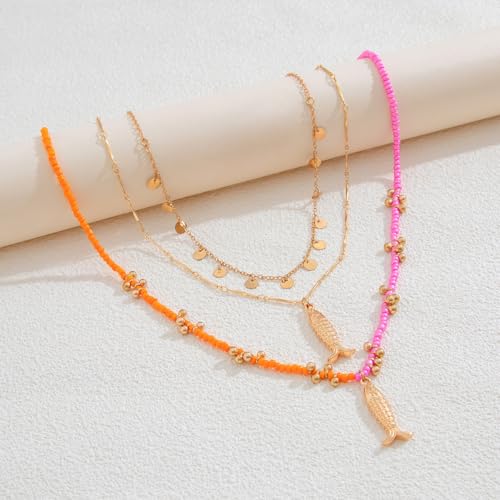 Fish Necklace for Women Handmade Beaded Y Pendant Necklace Colorful Summer Beach Boho Layering Choker Necklaces - color: Gold