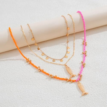 Fish Necklace for Women Handmade Beaded Y Pendant Necklace Colorful Summer Beach Boho Layering Choker Necklaces - color: Gold