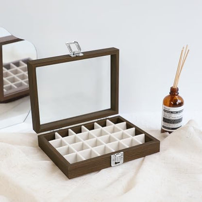 Wudygirl 24 Grid Earring Organizer Small Jewelry Box with Lid WoodBeige | Ring Box with Adjustable Dividers, Velvet Lining, Ideal for Rings, Earrings, Jewelry Display, Gift Giving - style: Wood Beige 24 Grid