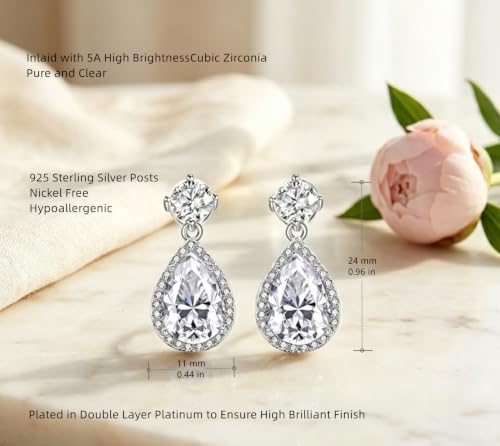 Drop Dangle Earrings Teardrop Gemstone Waterdrop White Gold Plated Crystal Hanging Cubic Zirconia Ruby Sapphire Emerald Jewelry Gift for Women Mother Wife - color: White
