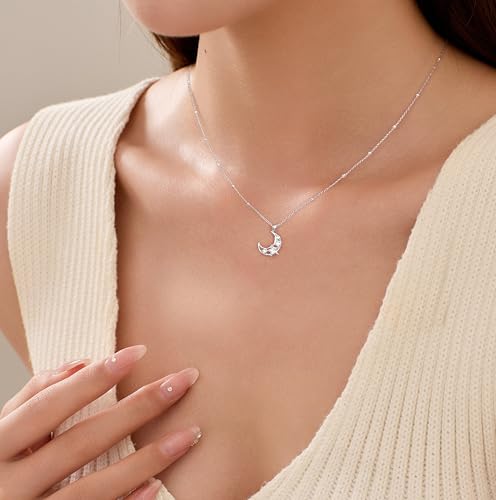 925 Sterling Silver Dainty Crescent Moon Necklace for Women | 14K Gold Plated White Cubic Zirconia Moon and Star Pendant Choker Necklace to Daughter Mother Trendy Wedding Jewelry Gifts - color: Silver B