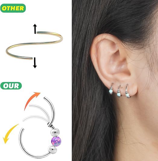 2 Pcs Small Cartilage Hoop Earrings for Women Men, 18G Opal Silver Earrings Hypoallergenic 316L Surgical Steel Hinge Huggie Hoop Earrings for Helix,Tragus,Conch,Rook,Earlobe Piercing Jewelry Nose Ring - style: 2Pcs 8mm Blue Opal/Silver