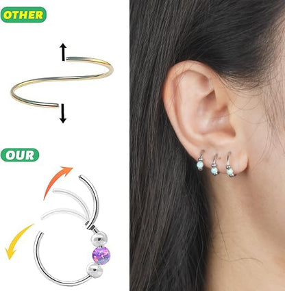 2 Pcs Small Cartilage Hoop Earrings for Women Men, 18G Opal Silver Earrings Hypoallergenic 316L Surgical Steel Hinge Huggie Hoop Earrings for Helix,Tragus,Conch,Rook,Earlobe Piercing Jewelry Nose Ring - style: 2Pcs 8mm Blue Opal/Silver