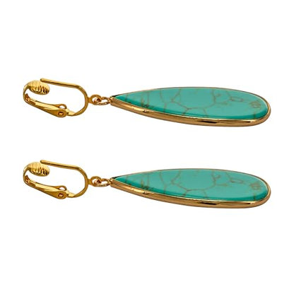 Aloha Earrings Non Pierced Gold Tone Clip On Natural Stone Teardrop Dangling Earrings - style: Turquoise