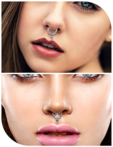 Vsnnsns 16G Septum Rings Piercing Jewelry 316L Stainless Surgical Steel Skull Flower Dangle Clicker Horseshoe Septum Nose Rings Hoop Piercing Jewelry for Women Men Silver Black Rose Gold 10mm - color: Silver Tone