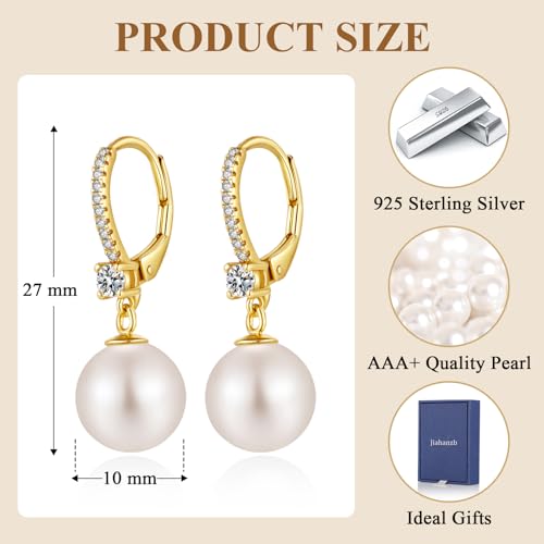 Pearl Dangle Drop Earrings for Women 925 Sterling Silver Pearl Leverback Earrings Cubic Zirconia Pearl Dangling Earrings 10MM - color: 2: Yellow-10mm