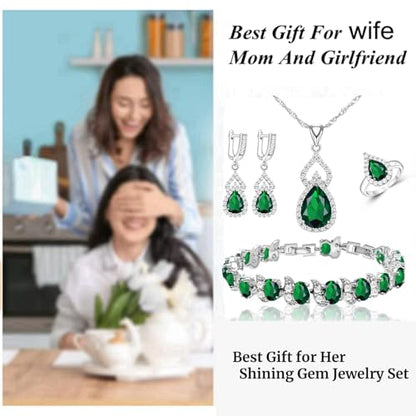 LMXXVJ Women Jewelry Set Platinum Plated Necklace Open Ring Earrings Bracelet Set,Birthday/Anniversary Mother’s Day Jewelry Gifts for Mom/Wife/Sister/Best Friend - color: Green