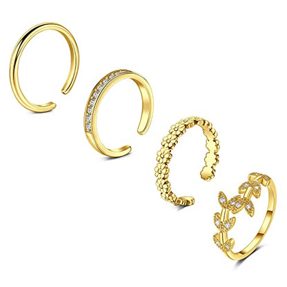 JFORYOU Toe Rings for Women Adjustable Open Toe Rings with Anklet Set CZ Flower Toes Ring for Summer Beach Foot Jewelry - color: 4pcs-gold toe rings