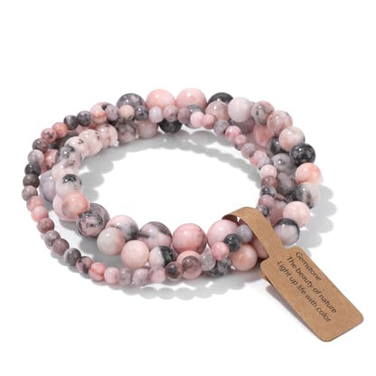 3 PCS Healing Crystal Bracelets for Women 8mm Natural Stone Beaded Stretch Bracelet Amethyst Jewelry Gifts - color: 4,6,8mm Pink Zebra Jasper