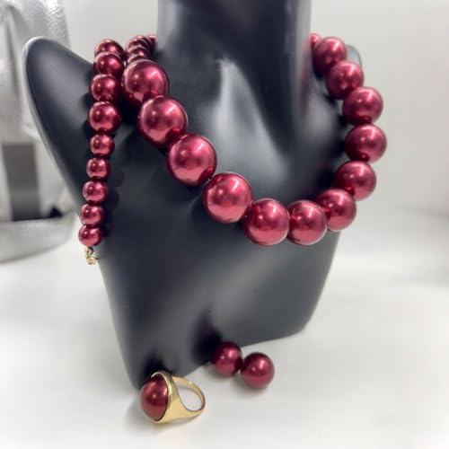 White Faux Pearl Necklace and Earrings Set Big Large Pearl Bead Ball Beaded Choker Necklace Black Pink Pearls Statement Bracelet Ring for Women - color: deep red