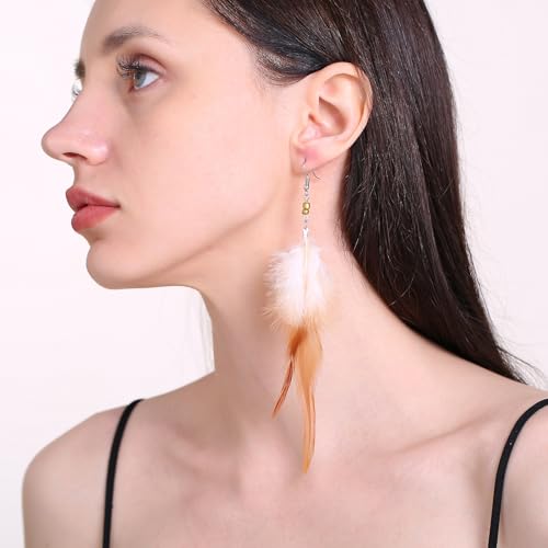 RUOFFETA Long Feather Earrings for Women, Boho Bohemian Earrings Multicolor Tassel Handmade Feather Earrings for Women Dangling - style: M-Brown
