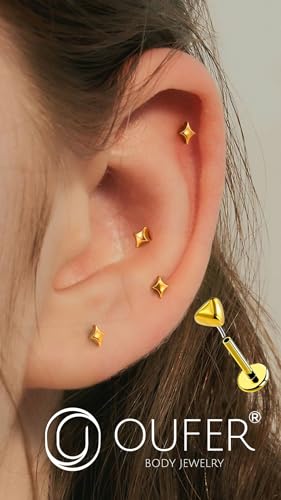 OUFER G23 Titanium Threadless Labret Studs – Flat Back Push Pin Earrings for Tragus, Helix, Monroe, Conch, Lip Piercing – 16G/18G, 6MM/8MM - color: Gold-4Star, size: 16g 10mm