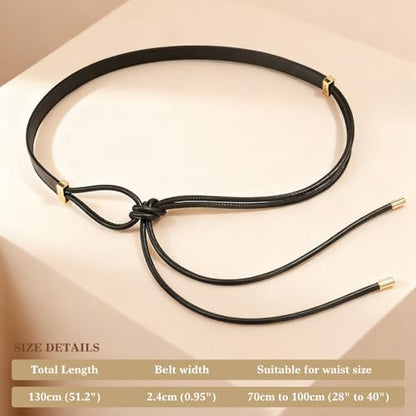 Women's Knotted Thin Waist Belt PU Leather Skinny Belts for Dresses Pants - color: Black