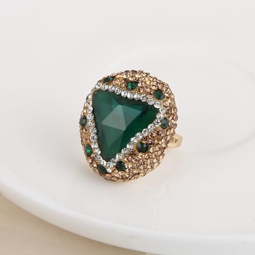 HZMAN Natural Stone Statement Ring for Women, Crystal Paved Bold Cocktail Ring, Adjustable Gold Tone Fashion Jewelry - color: Malachite Green
