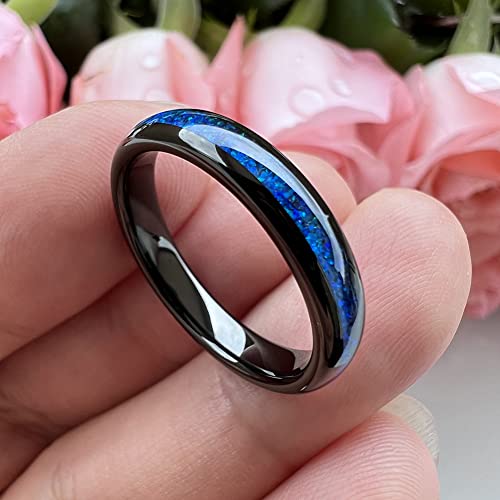 TUTISS 4mm Silver/Black Tungsten Rings for Women Men Engagement Wedding Bands Genuine Blue Green Galaxy Opal Inlay Domed Polished Comfort Fit - color: 4mm Black Tungsten Blue Opal