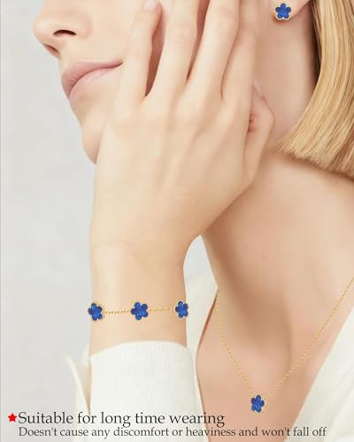 Clover Jewelry Set 3 PC - 18K Gold Plated Stainless Steel Y Necklace Four Leaf Pendant, Clover Link Bracelet Charm, Flower Earrings, Hypoallergenic Non-Tarnish,Simple Luxury Lucky Gifts for Women - color: Blue