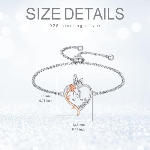 TOUPOP Gifts for Women Rose Heart Initial Bracelet 925 Sterling Silver Butterfly Letter Link Bracelet Love Jewelry Anniversary Birthday Gifts for Wife Girlfriend Mom Her - style: Initial M