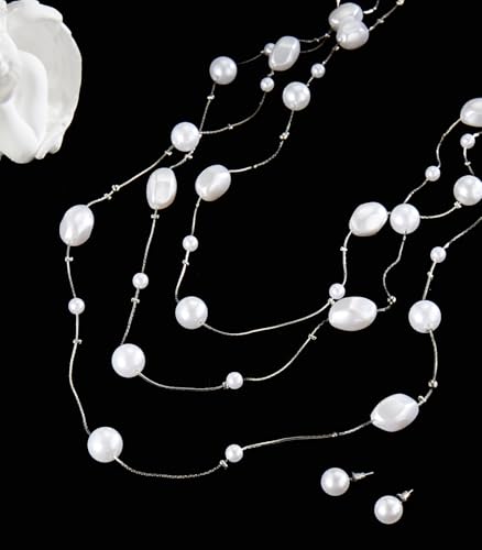 Errally Long Pearl Necklace and Earring Set Layered Pearl Beaded Necklaces for Women White Costume Jewelry Sets Gifts for Mom - color: Faceted Oval