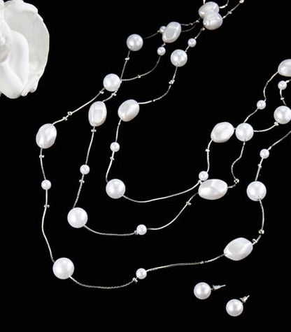 Errally Long Pearl Necklace and Earring Set Layered Pearl Beaded Necklaces for Women White Costume Jewelry Sets Gifts for Mom - color: Faceted Oval