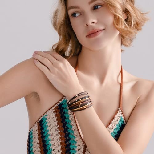 Stackable Beaded Leather Wrap Bracelet Boho Western Country Beach Jewelry | Layered Bead Stack Multi Strand Magnetic Clasp Cuff Bangle Bohemian Hippie Cowgirl Fashion Summer Vacation Outfits for Women - color: Brown