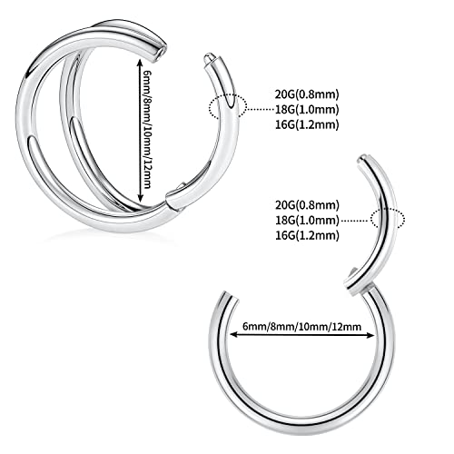 GAGABODY Surgical Steel 2pcs Double Hoop Hypoallergenic Nose Ring Unisex | Seamless Clasp,Used in Nostril,Septum,Lip and All Ear Piercings.22 Gauge to 14 Gauge,a Secure Fit Inner Diameter 6mm to 12mm - color: Silver-Single&Double Hoop, size: 16G-1/2"(12mm
