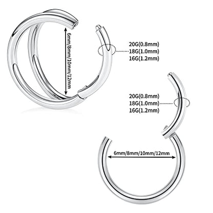 GAGABODY Surgical Steel 2pcs Double Hoop Hypoallergenic Nose Ring Unisex | Seamless Clasp,Used in Nostril,Septum,Lip and All Ear Piercings.22 Gauge to 14 Gauge,a Secure Fit Inner Diameter 6mm to 12mm - color: Silver-Single&Double Hoop, size: 16G-1/2"(12mm