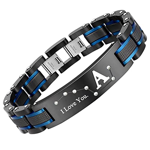 Men's Bracelet, Black and Blue Ion Stainless Steel, Initial Curved Plate, Gift for Boyfriend, Husband, Father, Comes with Gift Box - color: blue-blackA