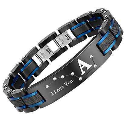 Men's Bracelet, Black and Blue Ion Stainless Steel, Initial Curved Plate, Gift for Boyfriend, Husband, Father, Comes with Gift Box - color: blue-blackA