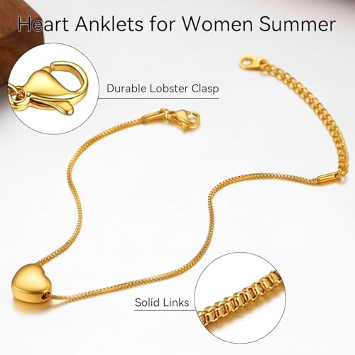 ChainsHouse Ankle Bracelets for Women, Stainless Steel Beaded Chain Ankle Bracelet, Womens Heart Anklets for Summer Beach Jewelry Gifts - color: P:heart-gold