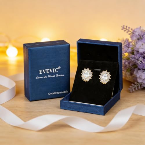 EVEVIC Oval Austrian Crystal Halo Clip On Earrings for Women | Oval Austrian Crystal with Zircon Halo,14K Gold-Plated,Silicone Comfort Pad,Gift Box Included,For Daily and Evening Events - color: White Clear