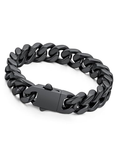 Richsteel Gold/Black/Silver Cuban Link Bracelet for Men,5/7/9/12MM Width | 316L Stainless Steel Chain Wrist Bracelet, Waterproof, No Tarnish, Hypoallergenic Hip Hop Jewelry, with Gift Box - color: 03-Black Plated 12mm Width